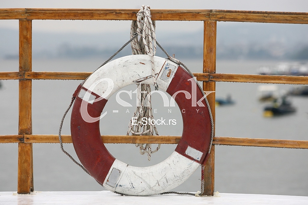 Classic life safety ship's ring boat, rubber life raft on the ship
