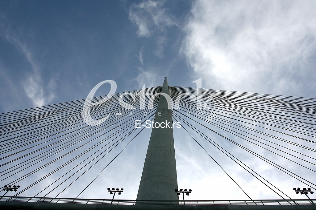 Part of construction of new Belgrade biggest bridge with one tower ( pilon) in the world / river Sava, Serbia / under construction / one pylon / 