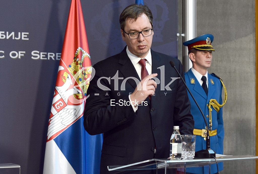 A formal reception of Prime Minister Dusan Markovic and the Serbian Prime Minister Aleksandar Vucic at the Palace of Serbia in Belgrade. 