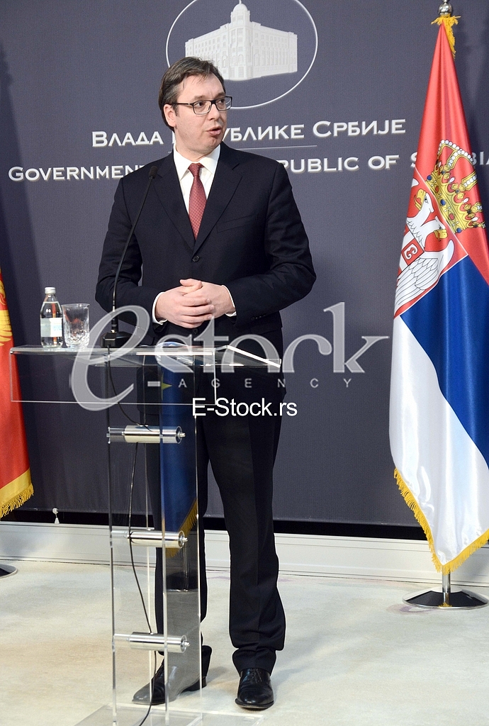 A formal reception of Prime Minister Dusan Markovic and the Serbian Prime Minister Aleksandar Vucic at the Palace of Serbia in Belgrade. 