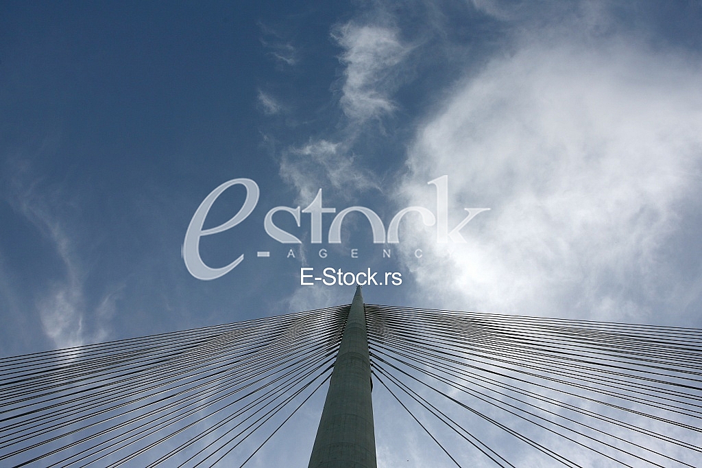 Part of construction of new Belgrade biggest bridge with one tower ( pilon) in the world / river Sava, Serbia / under construction / one pylon / 