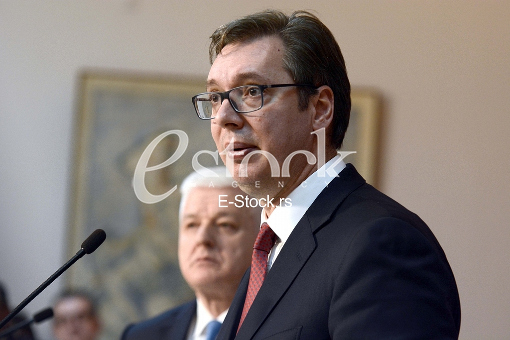 A formal reception of Prime Minister Dusan Markovic and the Serbian Prime Minister Aleksandar Vucic at the Palace of Serbia in Belgrade. 
