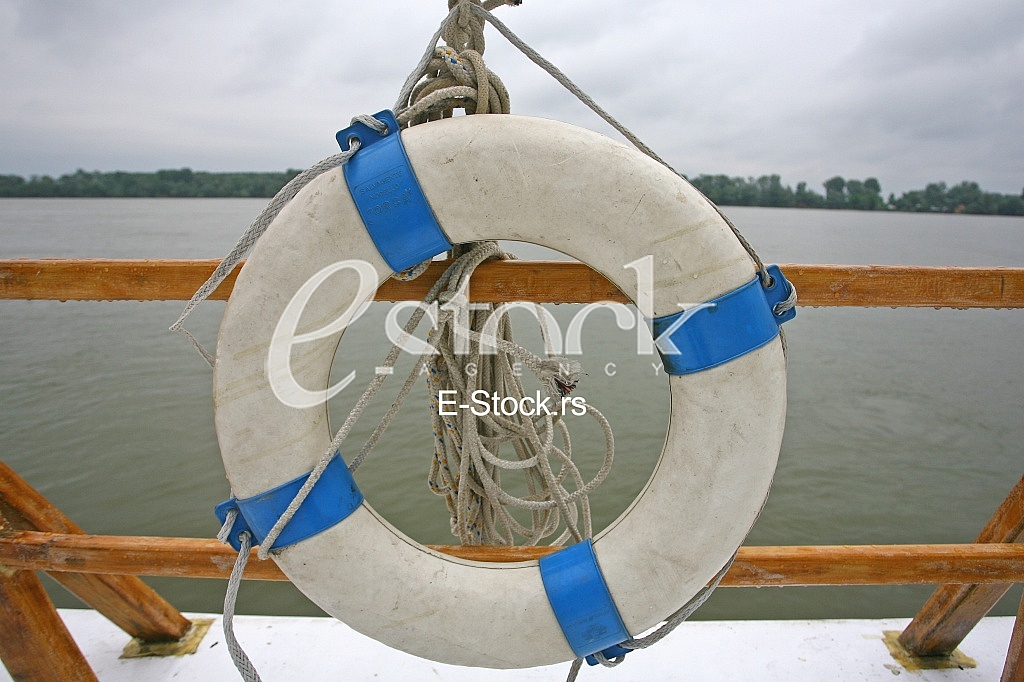 Classic life safety ship's ring boat, rubber life raft on the ship