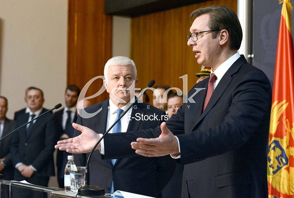 A formal reception of Prime Minister Dusan Markovic and the Serbian Prime Minister Aleksandar Vucic at the Palace of Serbia in Belgrade. 