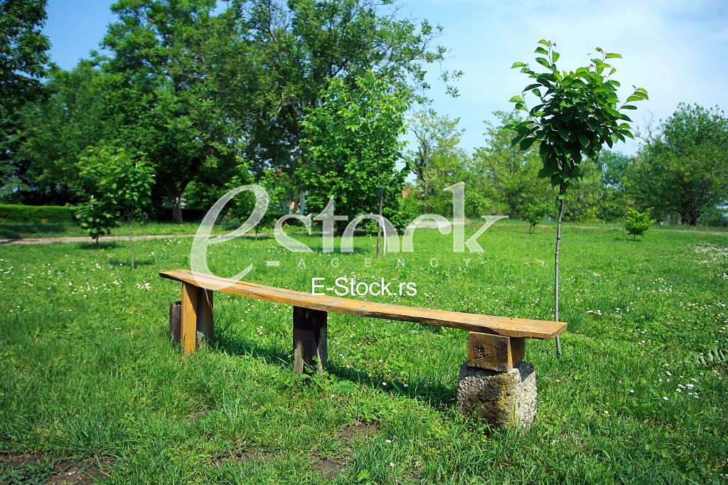 handmade old wooden bench in the green field