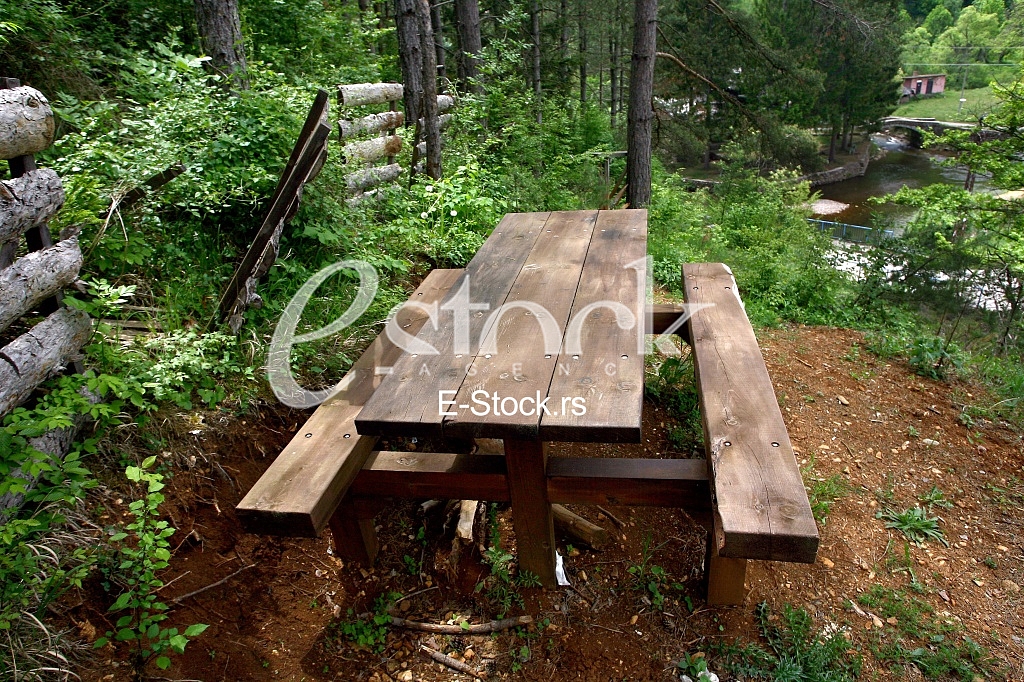 Picnic place in forest bench ​​of wood in the woods
