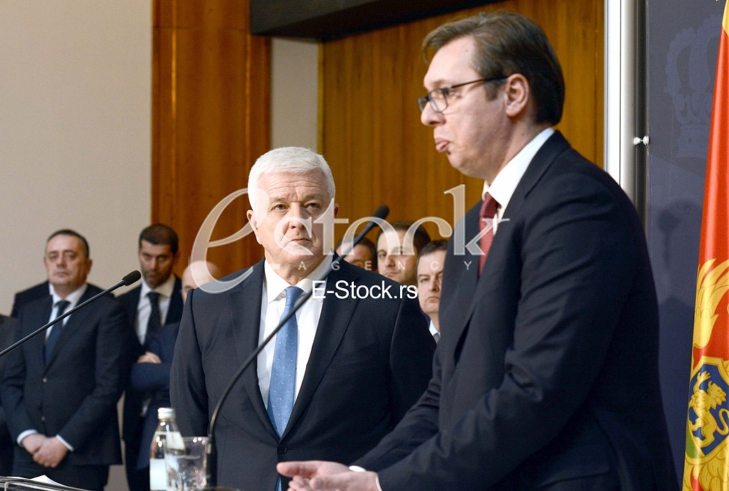 A formal reception of Prime Minister Dusan Markovic and the Serbian Prime Minister Aleksandar Vucic at the Palace of Serbia in Belgrade. 