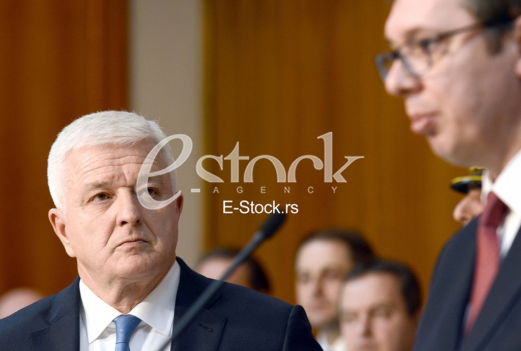 A formal reception of Prime Minister Dusan Markovic and the Serbian Prime Minister Aleksandar Vucic at the Palace of Serbia in Belgrade. 