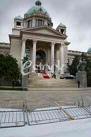 Destroyed banners in front of the Federal Parliament