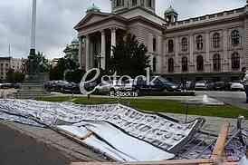 Destroyed banners in front of the Federal Parliament