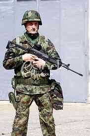 Guide Alexander Ojdanic, Corporal military police barracks Topcider Kosutnjak, military police, army, uniform, full war equipment, army, weapons, a soldier in full battle gear, A trench accessories, M-21A rifle, weapon, helmet, camouflage uniform